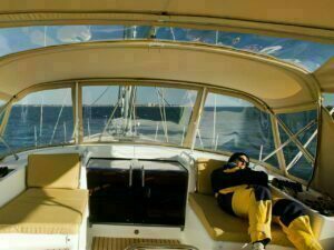 Carmen napping as we depart the USA