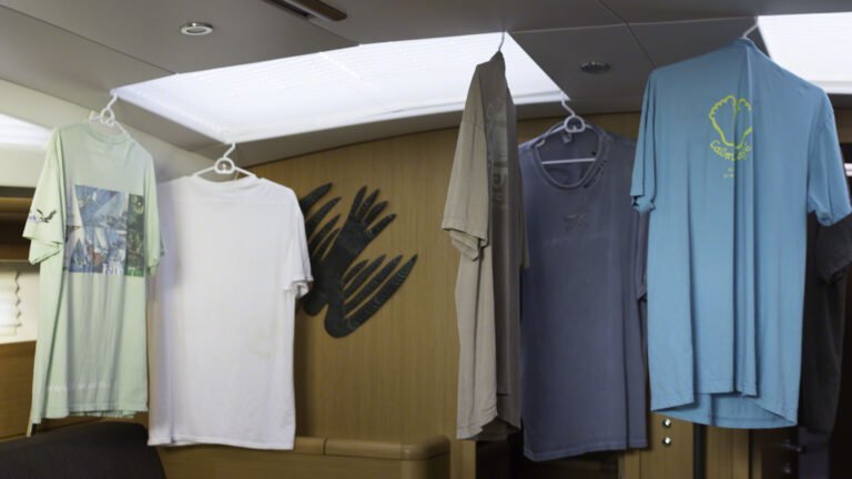 Shirts hanging up for final drying in the main cabin of Zanshin