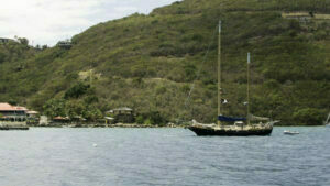 Mangele, Michael Beans' ketch, moored just off Leverick Bay