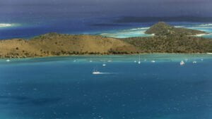 Zanshin at anchor tucked into Prickly Pear on a day with 20+ knots of wind