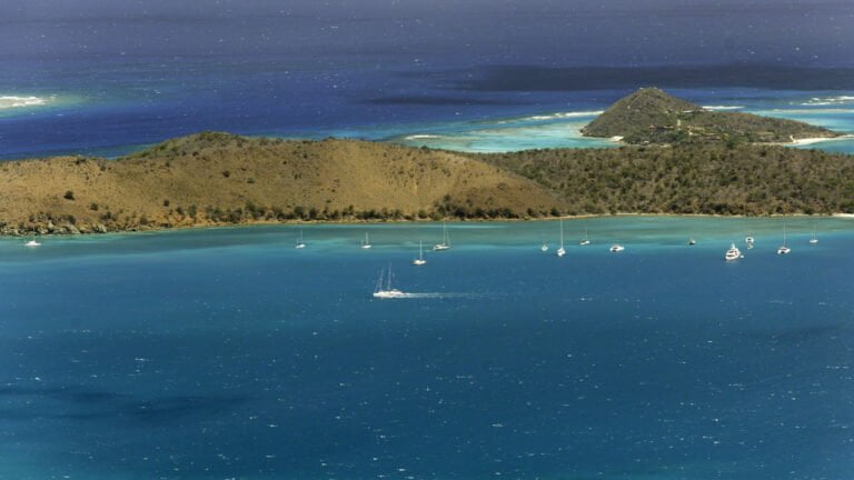 Zanshin at anchor tucked into Prickly Pear on a day with 20+ knots of wind