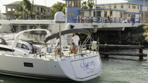 Serenity going through the Simpson Bay Bridge on the way  to the Jeanneau BVI Owner's Rendezvous