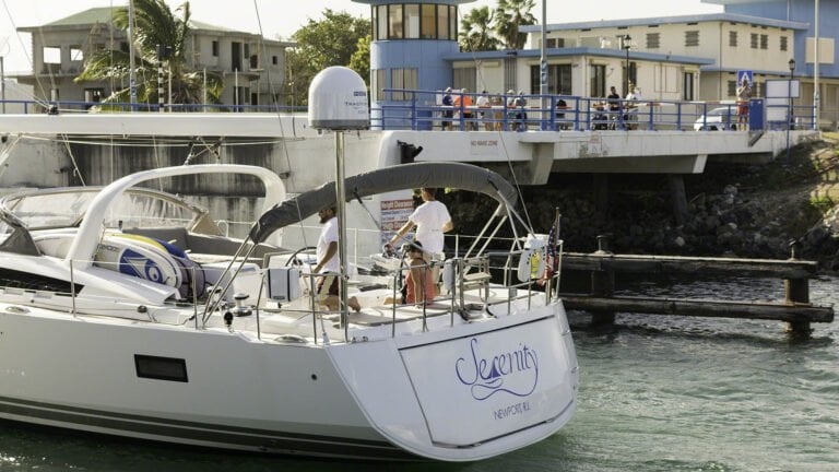 Serenity going through the Simpson Bay Bridge on the way  to the Jeanneau BVI Owner's Rendezvous