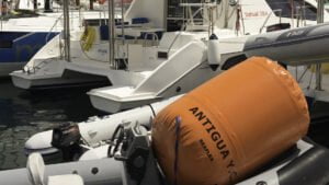 One of the orange start buoys waiting to be deployed