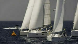 Note the pin end committee boat running to the line; we observe our end but they are much closer to the action and will call out any early starters