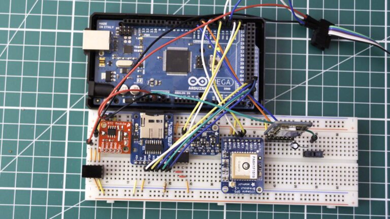 While the wiring does look a little like spaghetti, this breadboarded system measures temperature, humidity, pressure, GPS coordinates, Xantrex battery power, Solar energy