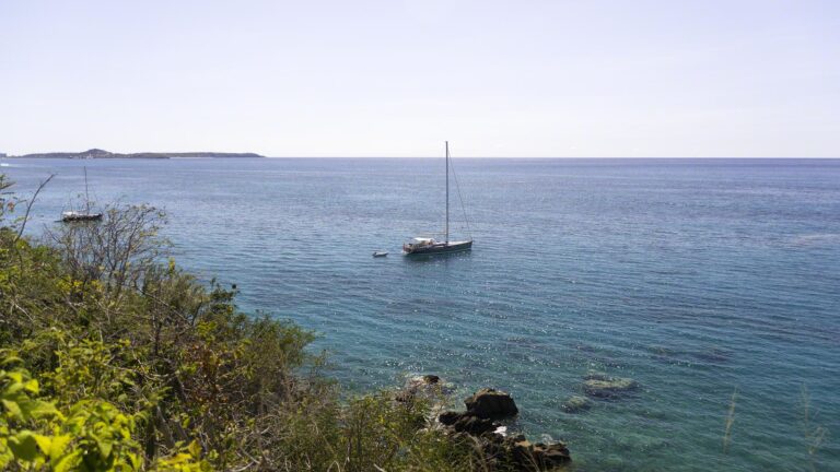 Zanshin anchored at Friar's Bay and backwinded (note the dinghy still attached as I'd gone ashore on the paddleboard)