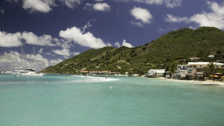 Grand Case beachfront with clear water and blue skies