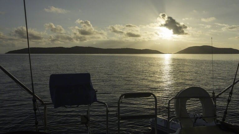 I'm about to set off on passage to St. Martin in the very calm morning hours just after the sun cleared Prickly Pear Island.