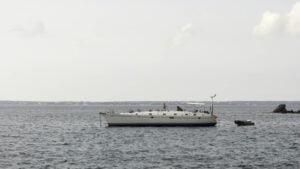 I had to look twice at this sailboat without a mast. Even though it was calm in the anchorage, the lack of mass up high meant this yacht was rolling around quite a lot.