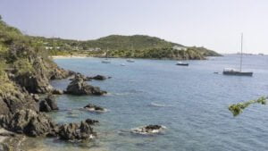 Zanshin anchored at Friar's Bay in St. Martin and backwinded (note the dinghy still attached as I'd gone ashore on the paddleboard)