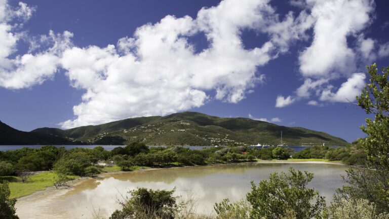 The brackish water of the small salt pond smooth on this almost windless day