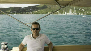 Shaun in the cockpit on his first day on the water