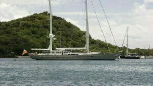 I didn't catch the name of this elegant ketch leaving the docks at Falmouth in Antigua