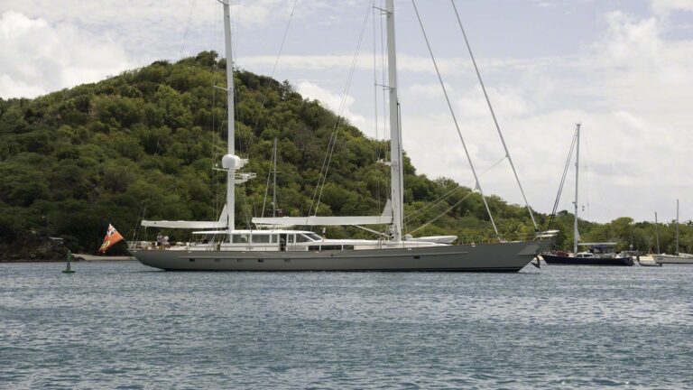 I didn't catch the name of this elegant ketch leaving the docks at Falmouth in Antigua