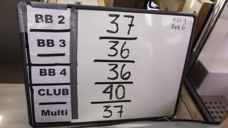 The courses are announced on the radio several times and are displayed on these whiteboards so that all competitors may see them