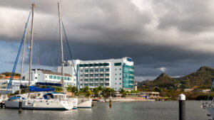 View of Harbor Club resort from the docks at Rodney Bay