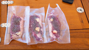 Sous-vide sealed steaks before cooking