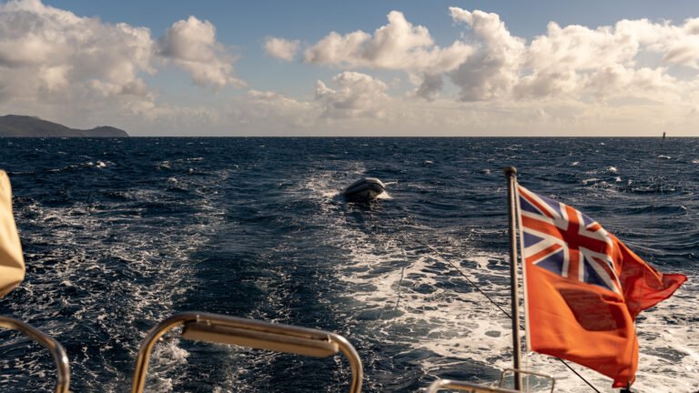 Towing a dinghy offshore between St. Lucia and Martinique