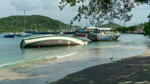 Boats ashore in Tyrrel Bay while walking the beach after taking care of formalities for Grenada