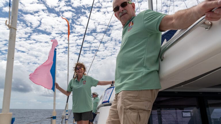 Marguerite and David on flags