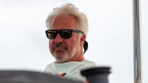 Nigel keeping lookout at the helm